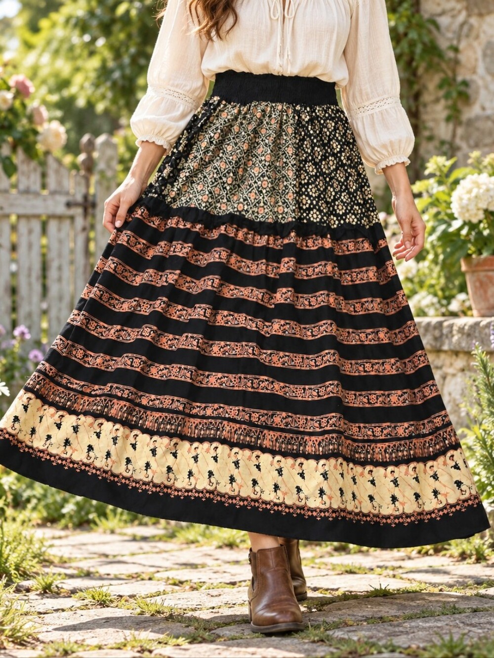 Fire Los Angeles Peasant Cottagecore Maxi Skirt Folk Print Patchwork Hippie S